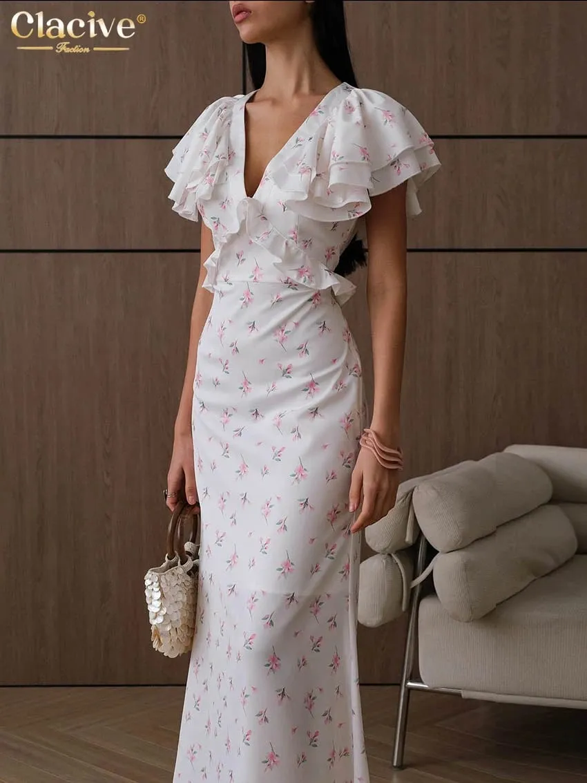 Clacive Sexy Loose Print Women's Dress 2026 Summer V-Neck Short Sleeve Ankle Length Dresses Elegant Classic Ruffles Female Dress