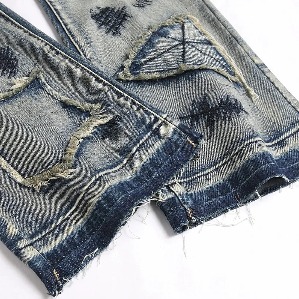 Mænds Boot Cut Jeans Streetwear Patches Frigivet Hem Bukser Vintage Blå Broderi Patchwork Flared Bukser