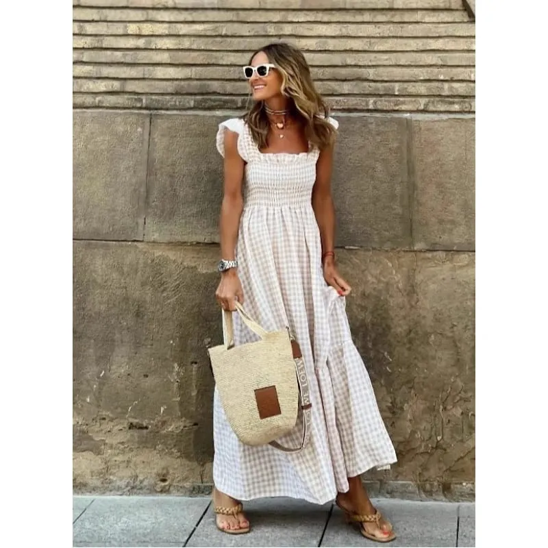 Elegant Temperament Plaid Patchwork Slip Boho Dress Summer Ruffle Backless Pleated Elastic Waist Swing Loose Party Dresses — image 3