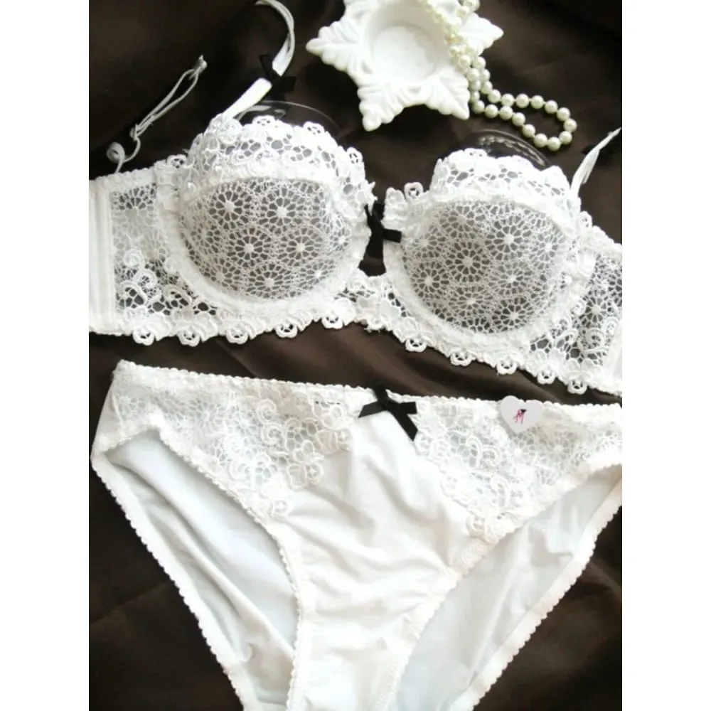 Summer White Lace Bra Lingerie Set Ultra Thin Breathable Sheer Mesh Sexy Deep V Push Up Wireless Women Underwear Suit — image 1
