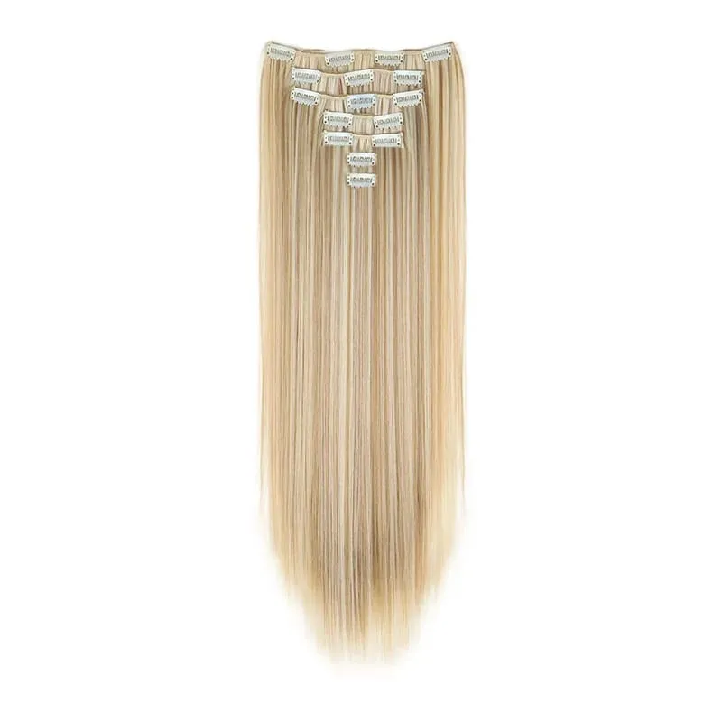 Long Straight Hairstyle 16 Clips 7 Pcs/Set Hair Extensions Natural Synthetic Blonde Black Hairpieces Heat Resistant For Women Kp