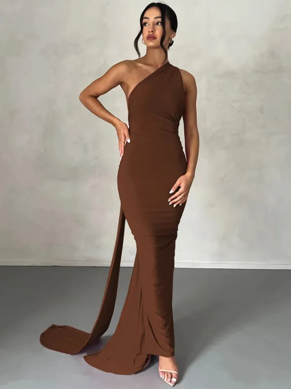 Hugcitar Eine Schulter, rückenfrei, verstellbar, mit Schal, Schleife, gerafft, sexy Maxikleid, 2025, Damen, elegantes Y2K-Streetwear-Festival-Outfit