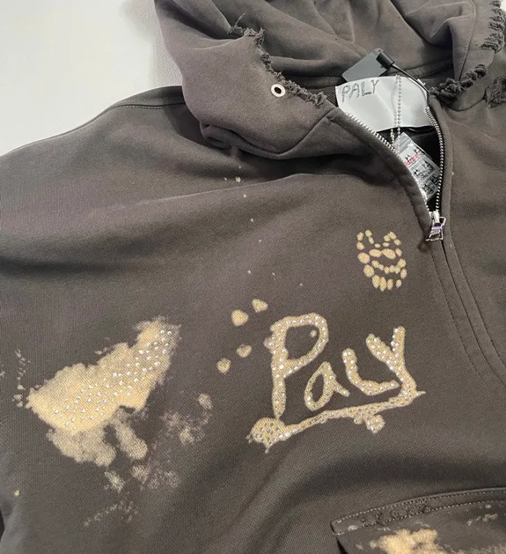 Washed Graffiti PALY Hoodies Men Woman Vintage Damaged Hole Old New Autumn Winter Zipper Hooded Pullovers Sweatshirts