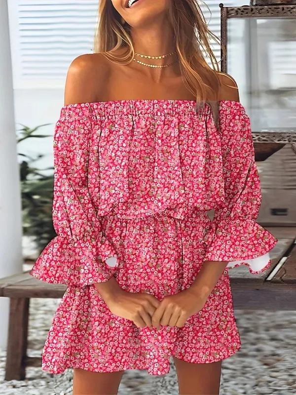 Women Off-Shoulder Ruffled Sleeve Printed Dress with Casual Boho Style for Beach or Vacation Occasions