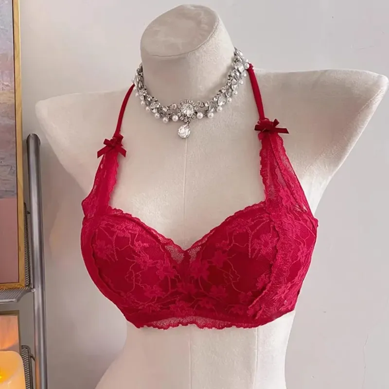 セクシーなHalter Bow Lace Bra Soft Lace Fabric Padded Push Up Wireless No Underwire Innerwear Lingerie Small Bust Daily Comfort Wear