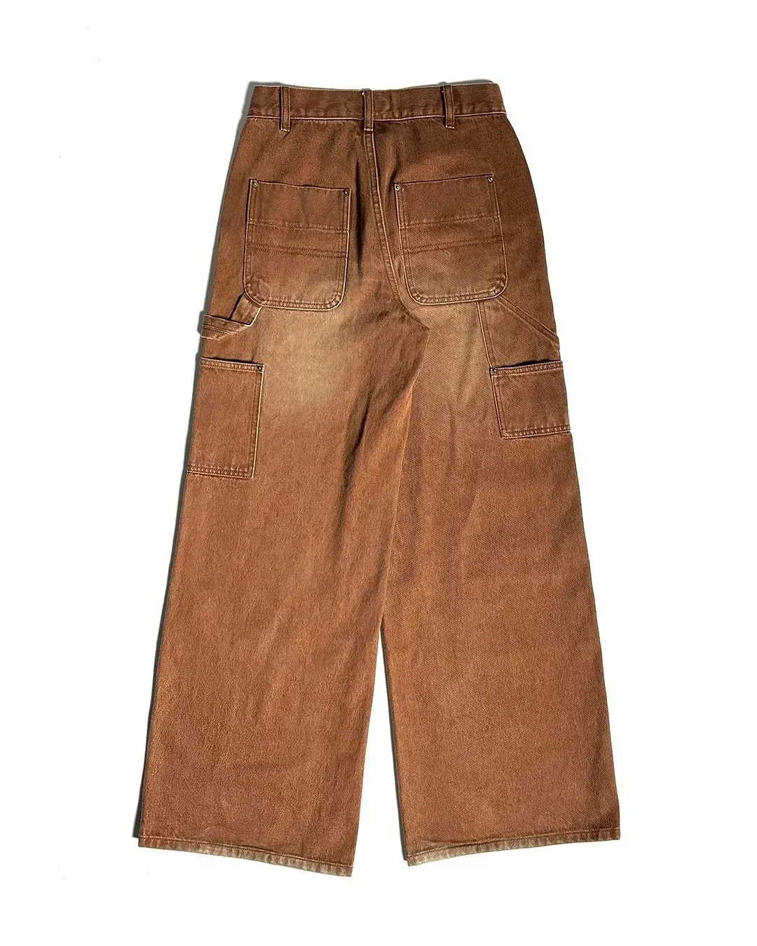 Mens Streetwear Brown Washed Denim Carpenter Pants Cigarette Pattern Pocket Loose High Waist Wide Leg Casual Jeans Daily Wear — image 3