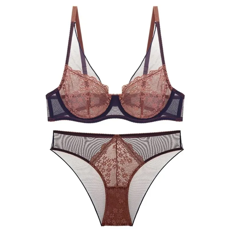 French Vintage Mesh Lace Flower Bra Set Lingerie Brassiere Mesh Bra Panties Kit Thin Underwear Push Up Bra Women Girl