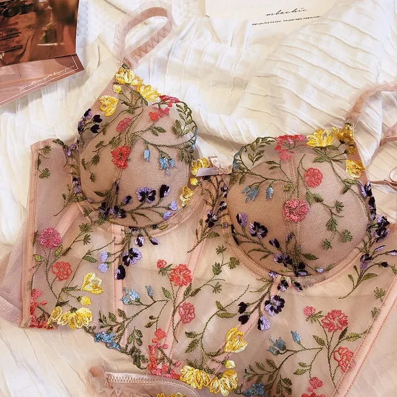 Extended Embroidered Bra And Panty Set Floral Lace Women Underwear Sexy Female Thin Cotton Cup Push Up Lingerie Suit