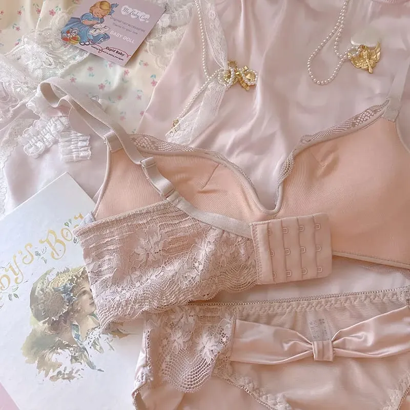 Pink princess thickened small chest big underwear female gathered modal latex lingerie panty suit bow no steel ring bra set
