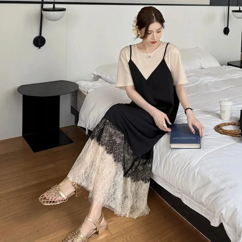 New 2026 Summer Women's Dresses Loose Plus Size Patchwork Lace Vestidos Fake Two Piece Female T-Shirt Dress Robe KE6690
