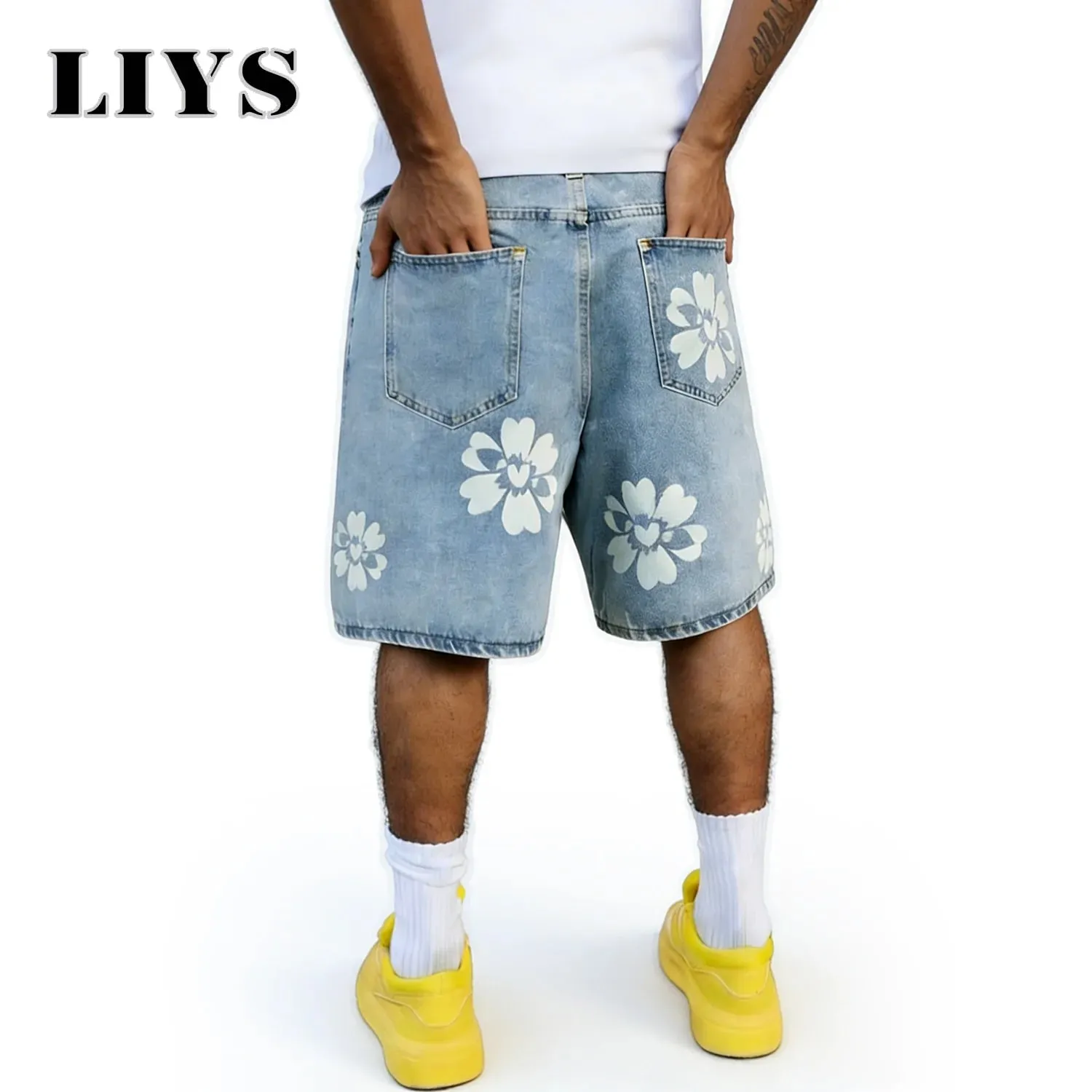Fresh Delicate Style Flower Print Fashionable Wide Leg Men's Jeans Y2K Casual Elegant Bermuda Denim Shorts Couple Pants