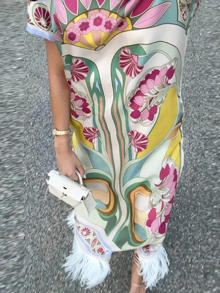 Women Art Floral Print Feather Hem Maxi Dress Short Sleeve Crew Neck Loose Fit Dresses 2026 Summer Fashion Elegant Lady Outwear