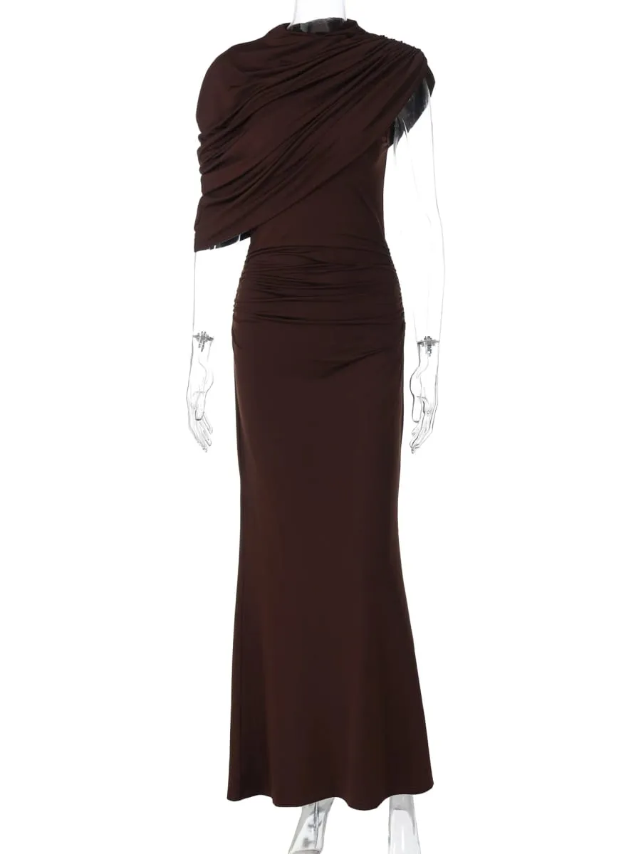 Hugcitar Women Fashion Turleneck Solid Short Sleeve Irregular Sexy Ruched Maxi Prom Dress Summer Clothes Evening Party Birthday