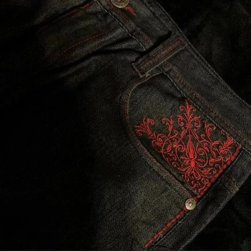 American Retro Y2K High Street Gothic Embroidered Men Black Red Pattern High Waist Jeans Street Couple Casual Pants — image 2