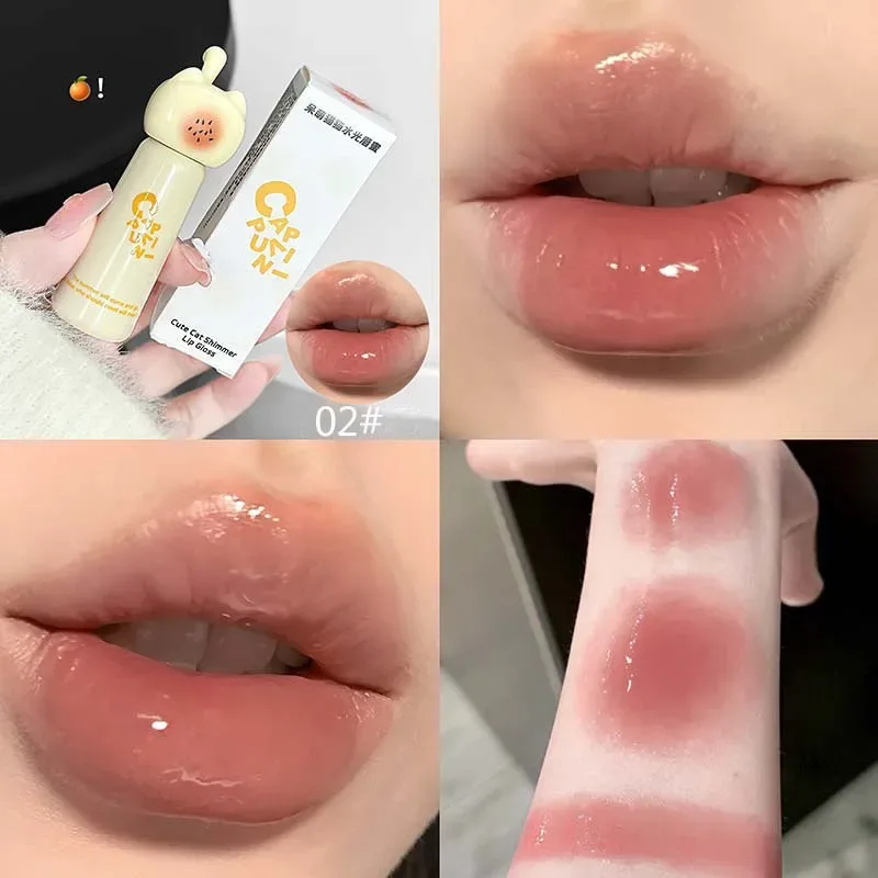 Cute Cat Water Mirror Lip Gloss Lasting Moisturizing Rose Apricot Pink Tint Lip Glaze Nude Lipstick Korean Makeup Girl