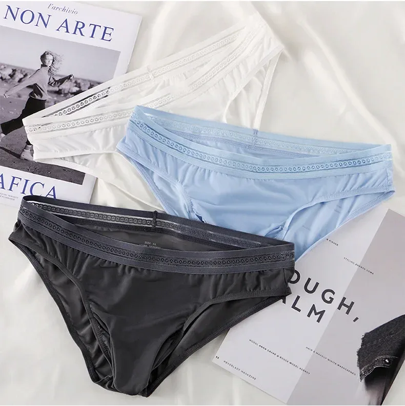 1/3PCS Men's Ice Silk Briefs Ultra-thin Quick Dry High Elastic Lace Waistband Panties Sexy Seamless Breathable Bikini Underwear