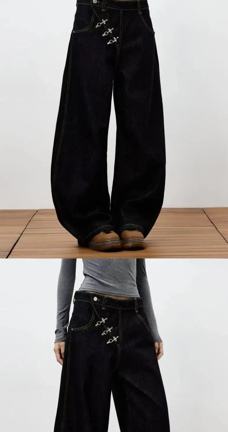 Retro Y2K button-fly loose jeans unisex trendy casual wide-leg jeans high-street loose pants American street style fashion