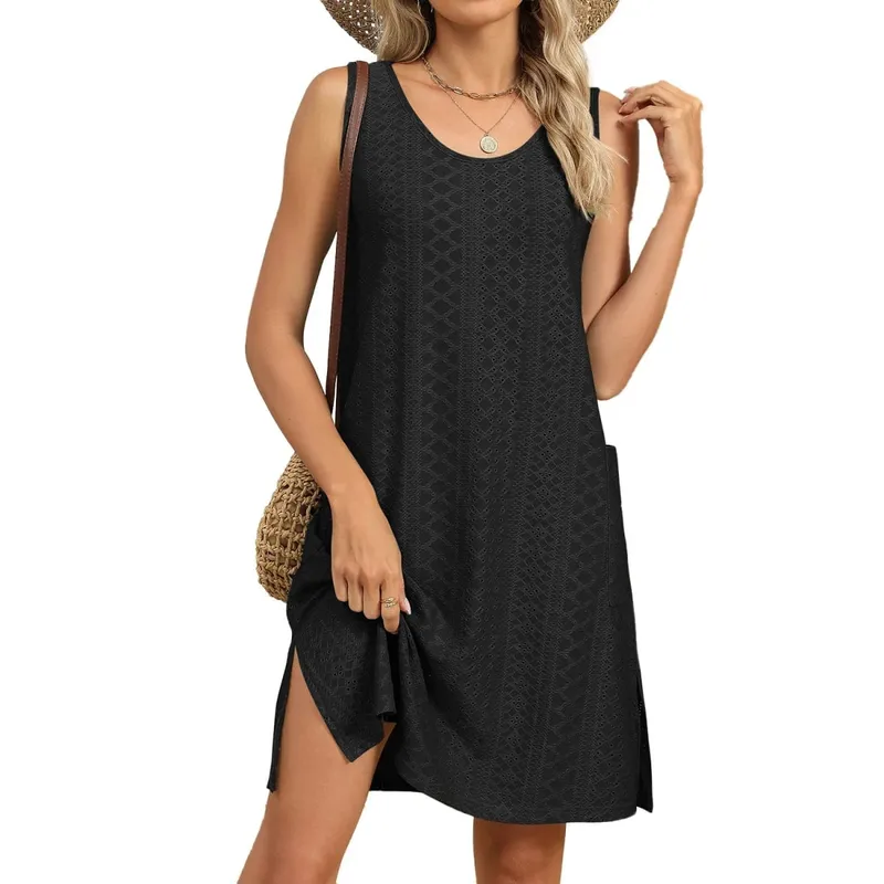 Summer Women's Dress Knit Midi Dresses Sleeveless Round Neck Casual Dress Eyelet Lace A Line Dress Pastel Blue For Woman