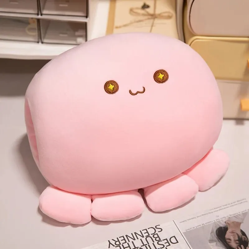 35cm Soft Octopus Plush Pillow Stuffed Ball Shape Aquatic Animal Warm Hands with Holes Warmer Cute Face Plushie Back Support