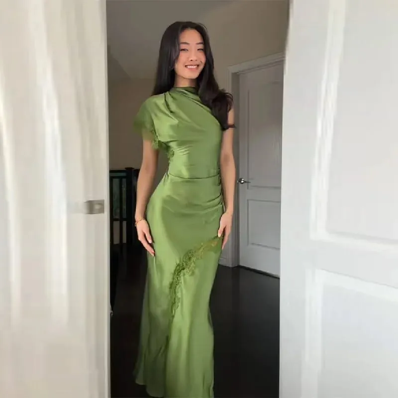 2026 Luxury Olive Green Satin Maxi Dress Women Elegant Shawl Design Lace Trim Asymmetrical Hem Ruched Bodycon Formal Dinner Gown