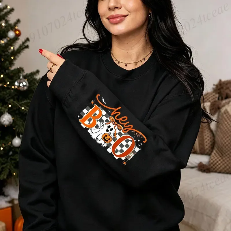 Halloween Hey Boo Unisex Sweatshirt Cute Bow Ghost Pumpkin Graphic Crewneck Long Sleeve Casual Fall Pullover Cotton Tops 330gsm