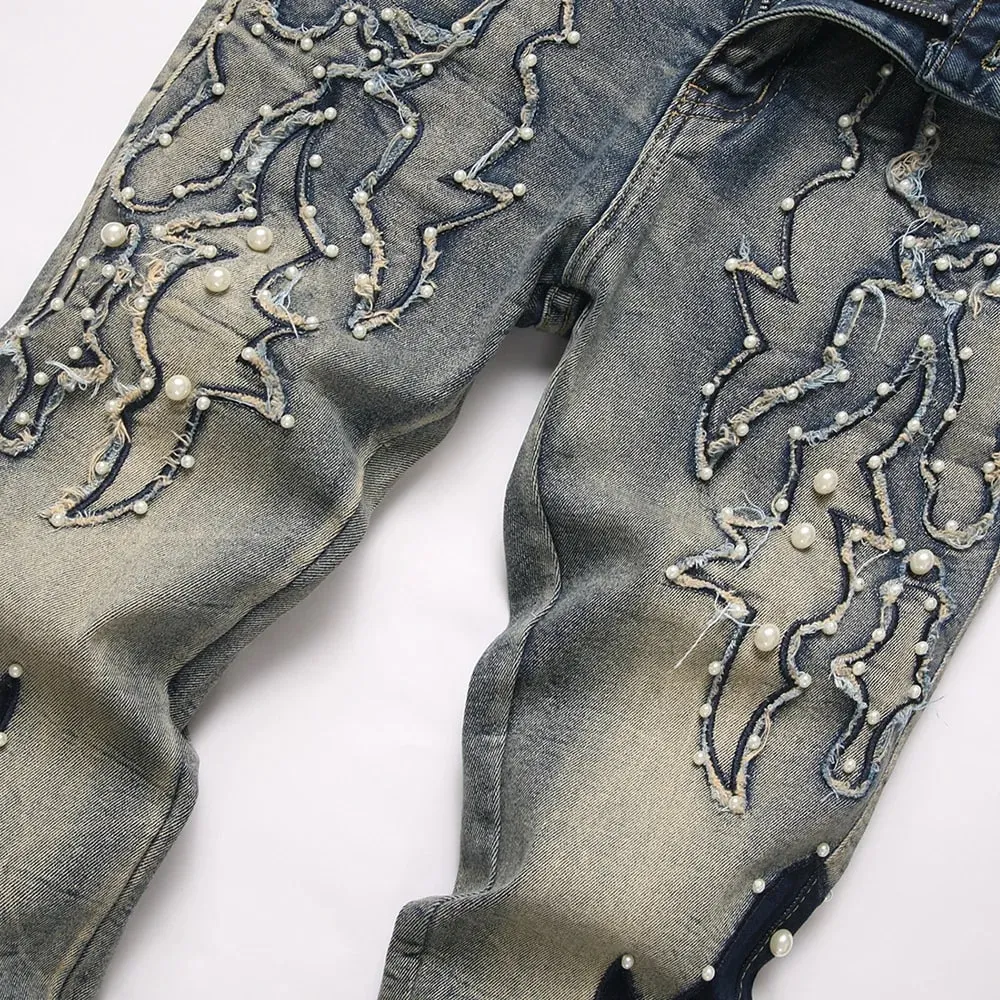 Men's Pearl Boot Cut Denim Jeans Embroidery Patch Slim Flared Pants Casual Streetwear Vintage Blue Trousers