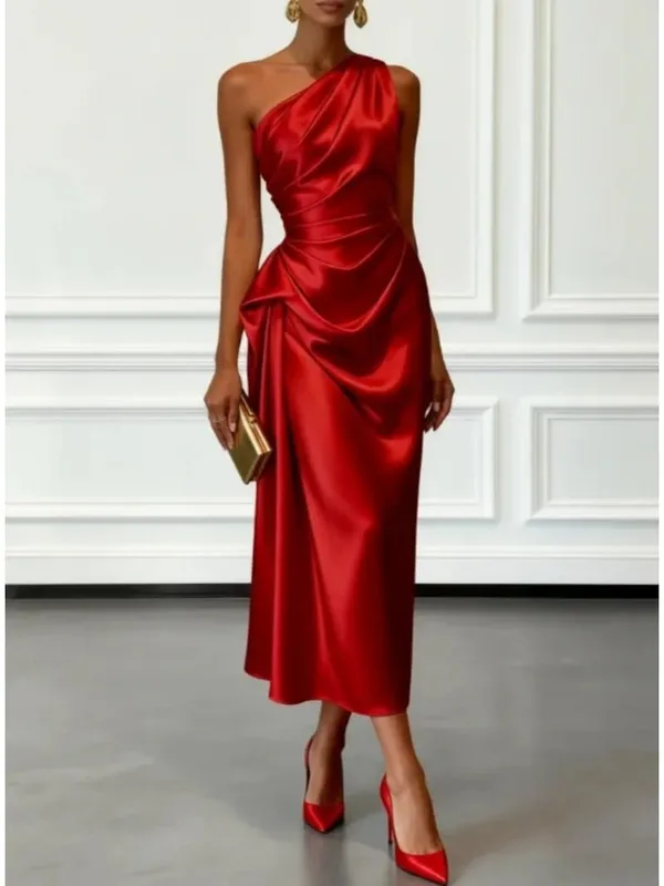 Elegant One Shoulder Satin Ruched Midi Dress for Formal Evening Cocktail Party