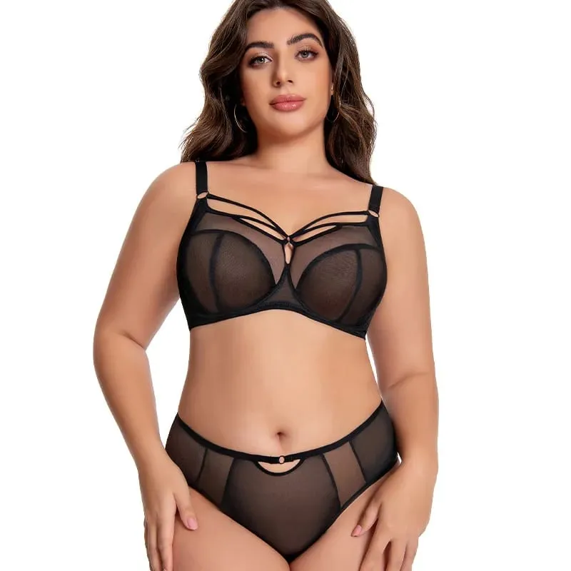 Plus Size Bra Set D-L Cup Minimizer Full Coverage Lingerie Anti Sagging Push Up Breathable Mesh High Waist Panties Women