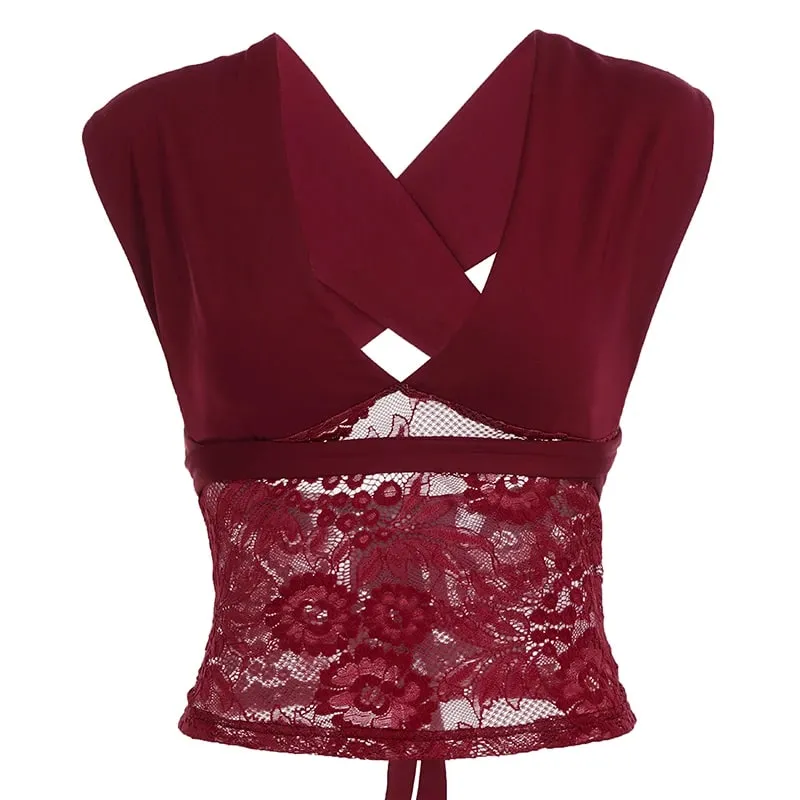 Sexy See Through Lace Patchwork V-neck Tank Top Women Sleeveless Vest Chic Party Club Camis Aesthetic Camisole Summer