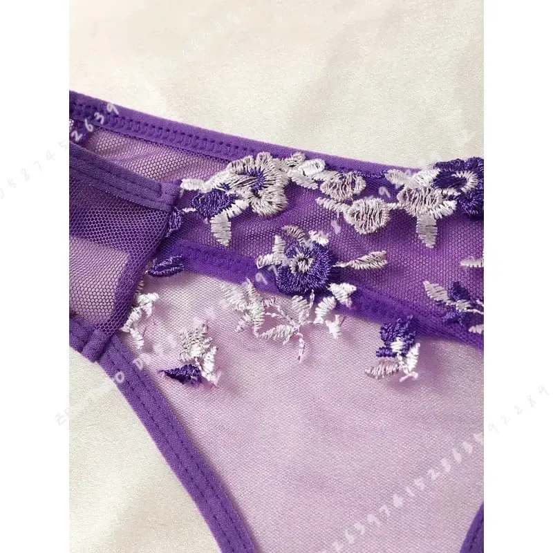 Purple Fancy Lingerie Set Women Embroidered Flower Bra and Panty Underwear Female Outfits