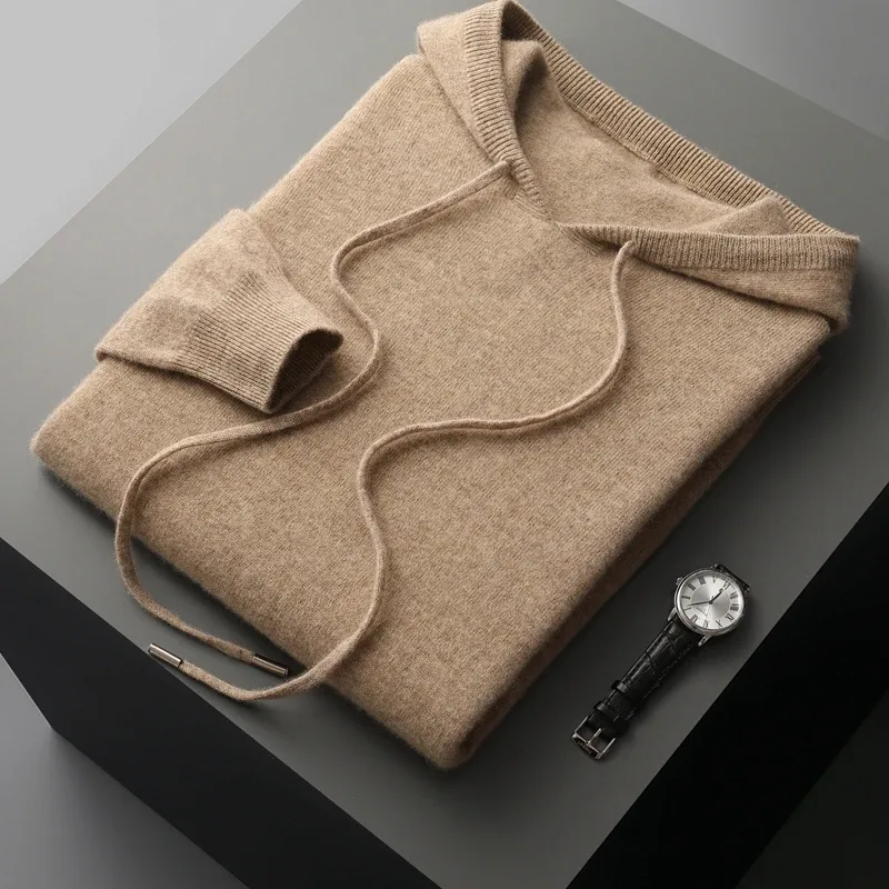 DjzDsm 100% Merino Wool Men's One-piece Ready-to-Wear Hoodie Knitted Sweatshirt Autumn Winter Casual Large Top Long Sleeved