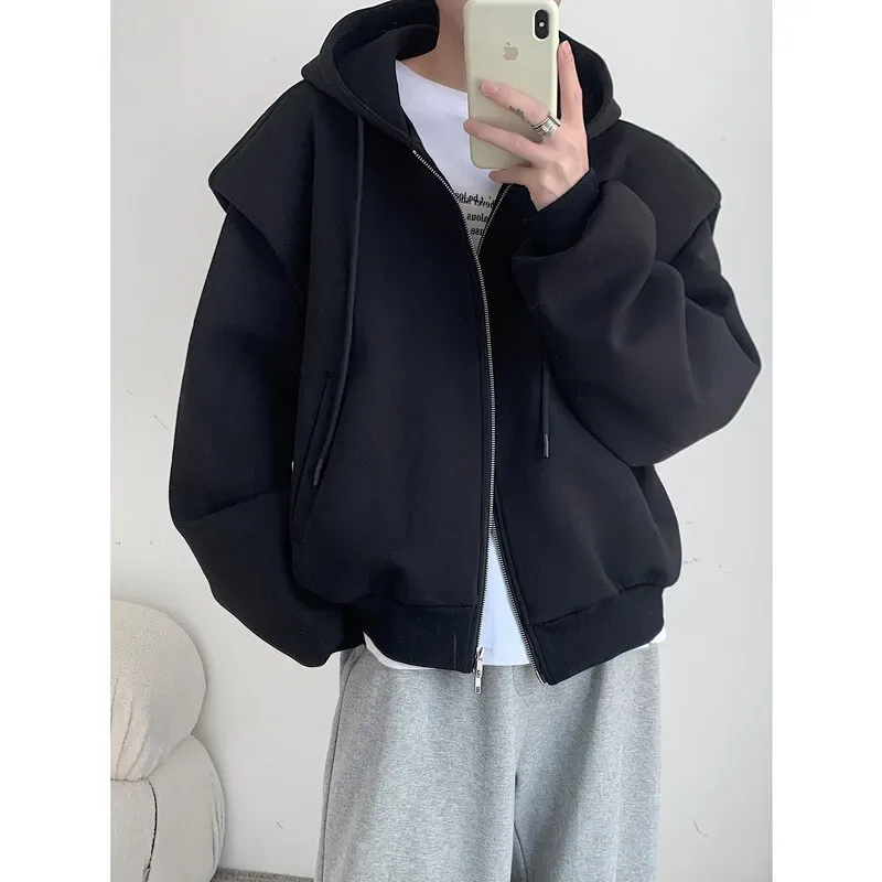 Autumn New Padded Shoulder Design Solid Streetwear Men Double Zip-up Hooded Sweatshirts Harajuku Casual Daily Hoodies — image 1