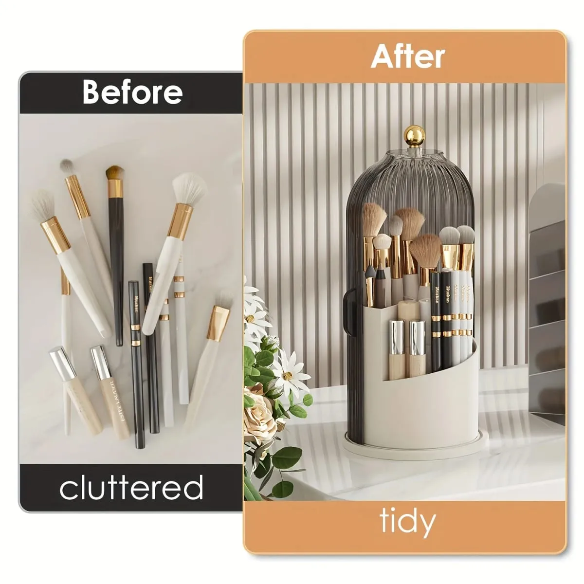 360° Rotating Makeup Brush Holder with Dustproof Cover Luxury Cosmetic Organizer Large Capacity Makeup Storage for Brushes — image 6