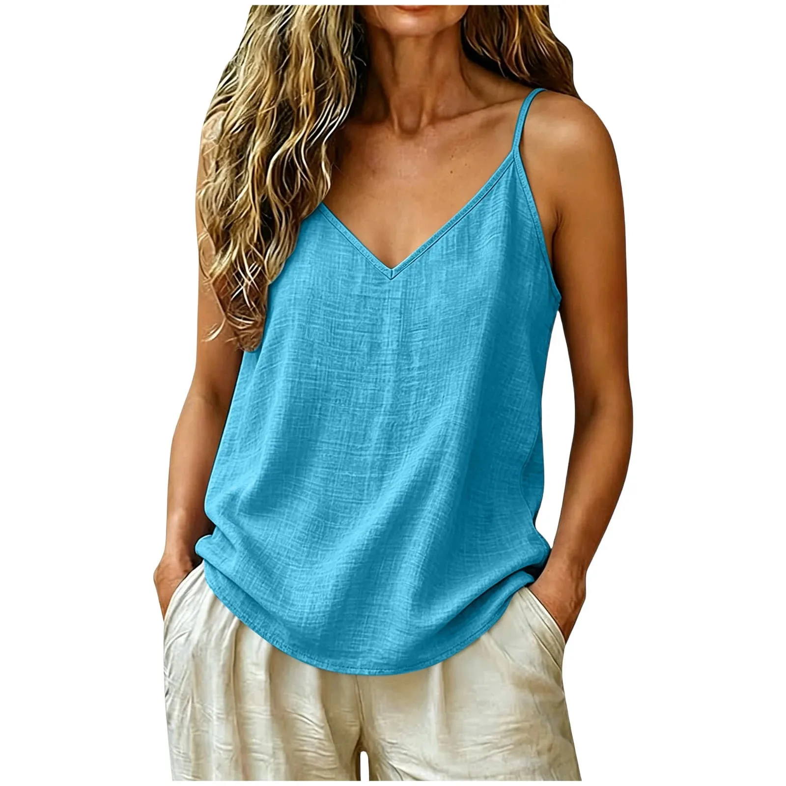 Women Cotton Linen Spaghetti Strap Tank Top V Neck Solid Color Loose Fit Lightweight Casual Sleeveless Camisole Summer Beach Top