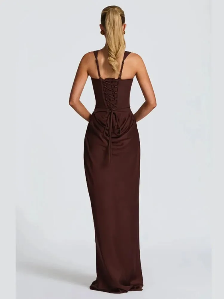 Lady Elegant Pleated Sling Dresses Solid Square Neck Sleeveless Off-shoulder Waist Cinching Dress Fashion Evening Party Gowns