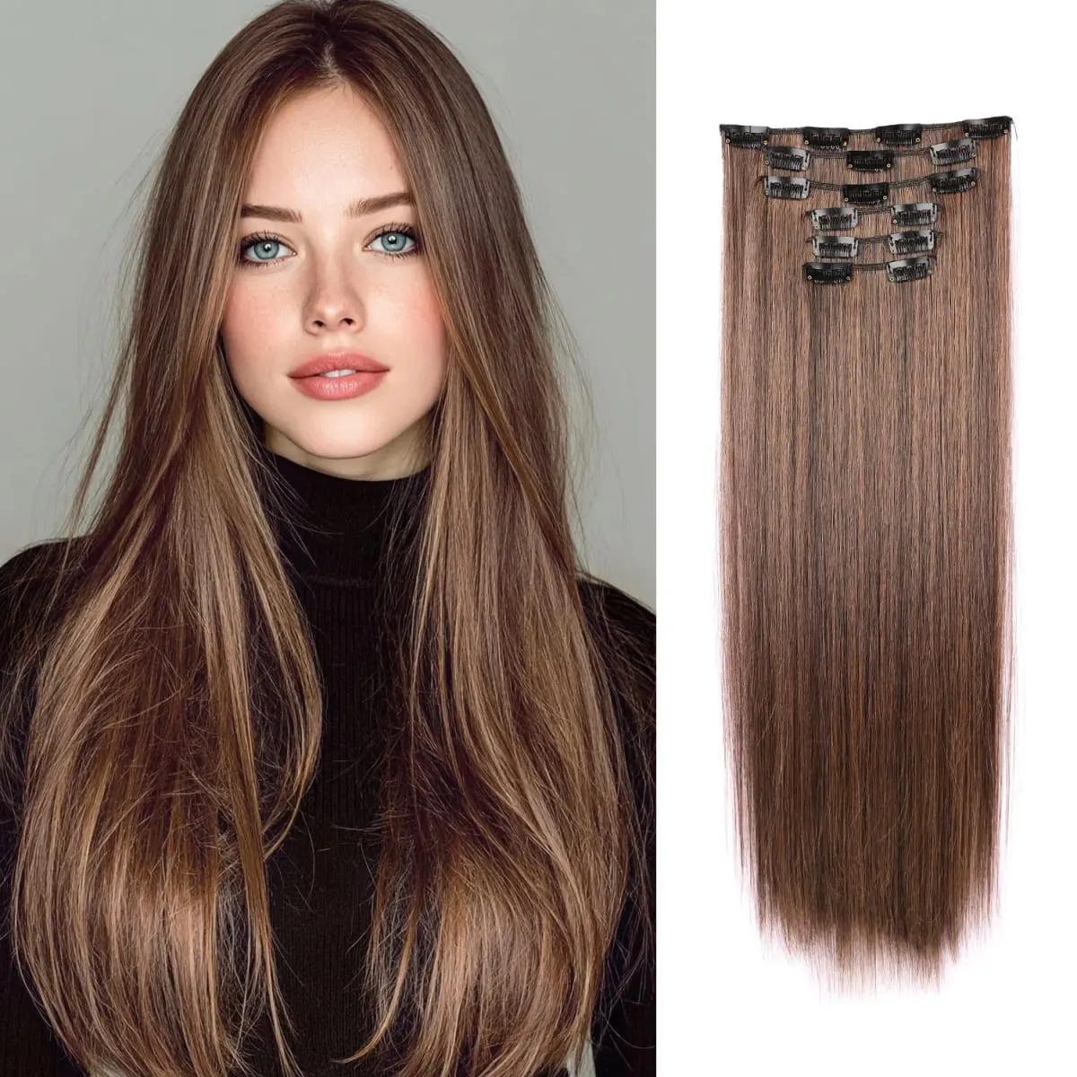 Synthetic Clip in Hair Extensions Clip in 6pcs set Straight Hair 22inch Thick Hairpieces for Women Girls Daily Party — image 7