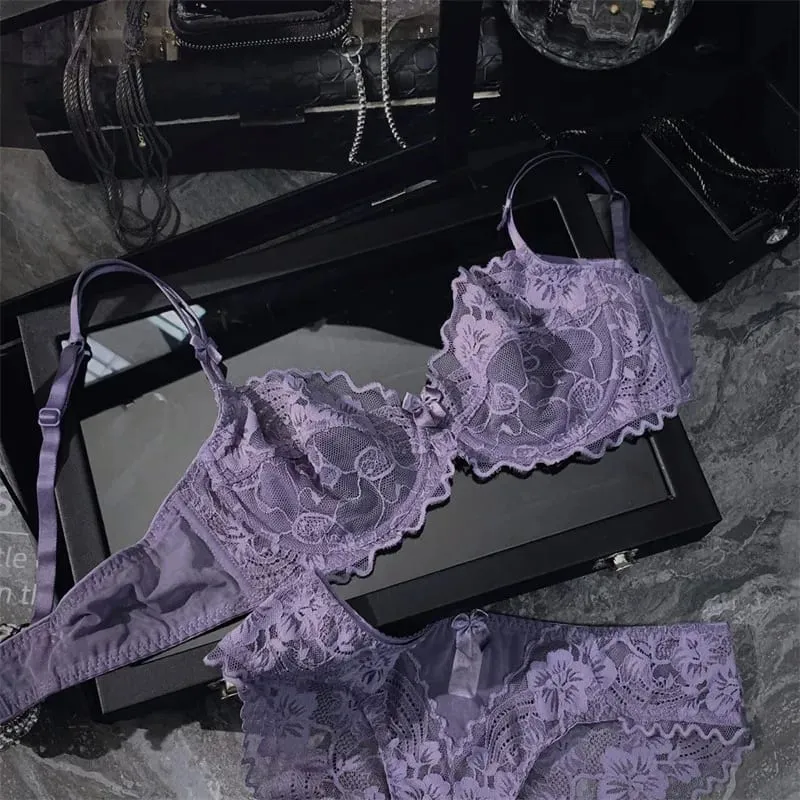 French Ultra Thin Sheer Lace Bra Set Underwire Perspective Beauty Back Large Bust Minimizer Side Shaping Anti Sag 32-38 Bra Set