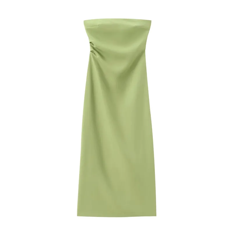 Women Fashion Summer New Sexy Split Back Zip Pleated Sleeveless Strapless Dress Chic Female French Elegant Evening