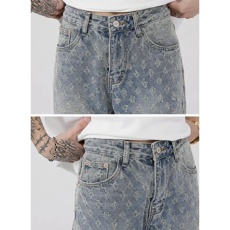 Men American Style Vintage Jacquard Design Jeans Fashion Male Summer Thin Daily Casual Denim Pants Loose Straight Leg Trousers