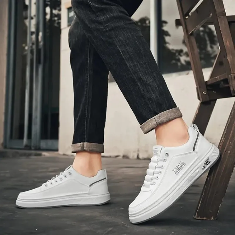 Men's White Platform Sneakers Leather Breathable Walking Slip on Casual Sneakers Shoes Male Flats Rubber Sole Zapatillas Hombre