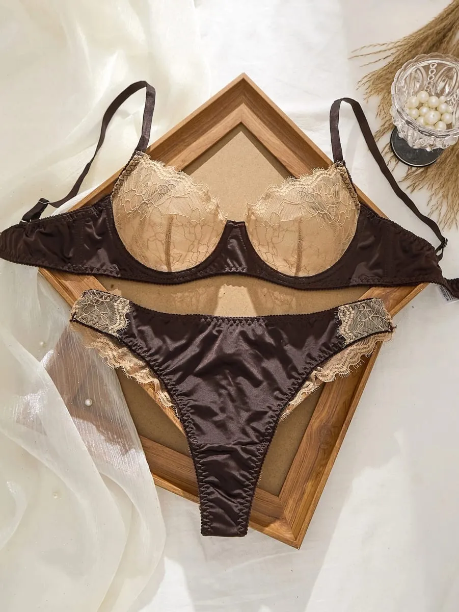 Sexy Lace Flowers Embroidery Lingerie Set for Women Ultra Thin Breathable Bra Button Decoration Underwear French Bras Thong Sets — image 1