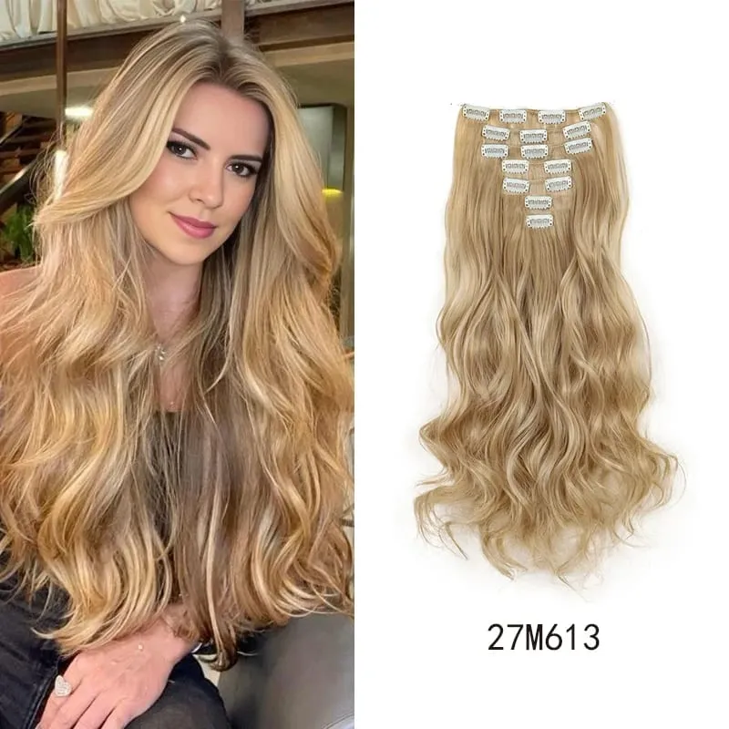 Synthetic 18Inch Long Curly Hair Hairpiece Heat Resistant Hair Extension Clips In Black Brown Blonde for Women