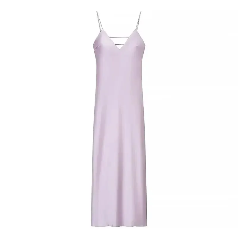 Women Solid Satin Sling Long Dress Casual Backless Sleeveless V-neck Pleated Gowns 2026 Summer Vacation Evening Party Robes