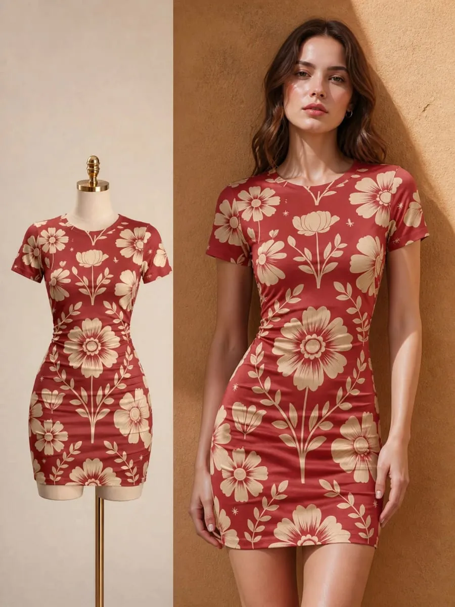 Womens Short Sleeve Bodycon Mini Dress Slim Fit Crew Neck Floral Print Casual Summer Party Cute Modern Holiday Vacation Sundress — image 2