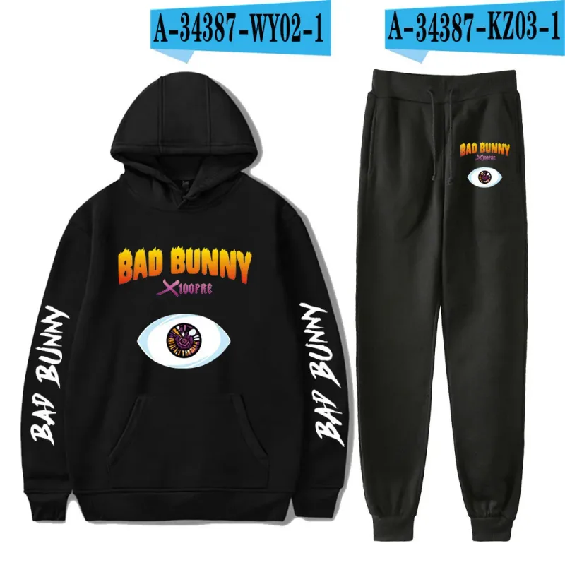 Harajuku Comfortable Funny bad bunny Print Sweatshirt Sweatpants Suit Men/Women Hoodies+ Trousers Suit Cute 2 Piece Set Clothes