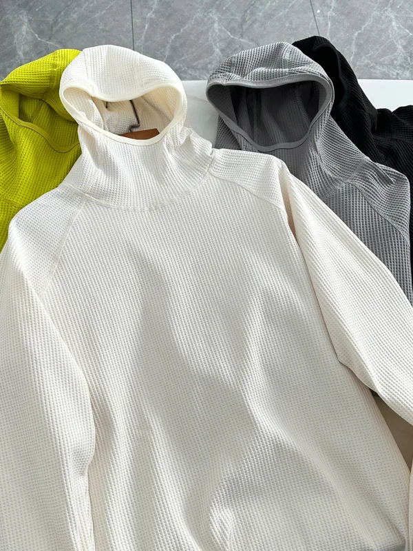 Lightweight Soft Elastic Waffle Grid Harajuku Style Half Face Hooded Loose Thin Sweatshirt Unisex Polyester Fiber Long Sleeve — image 3