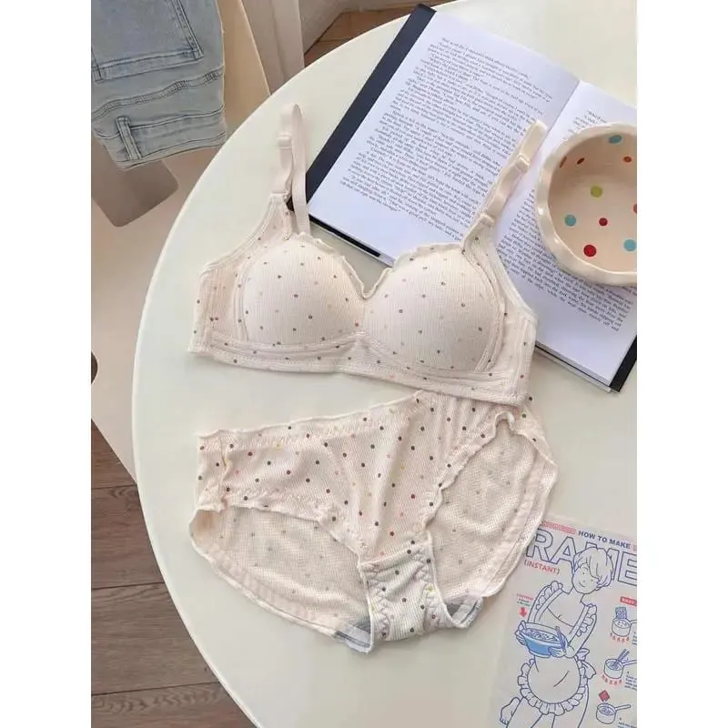 White Polka Dot Wireless Bra for Teens Push Up Bust Retraction Support Non Padded Bralette Set Small Chest Anti Sagging MOYISU