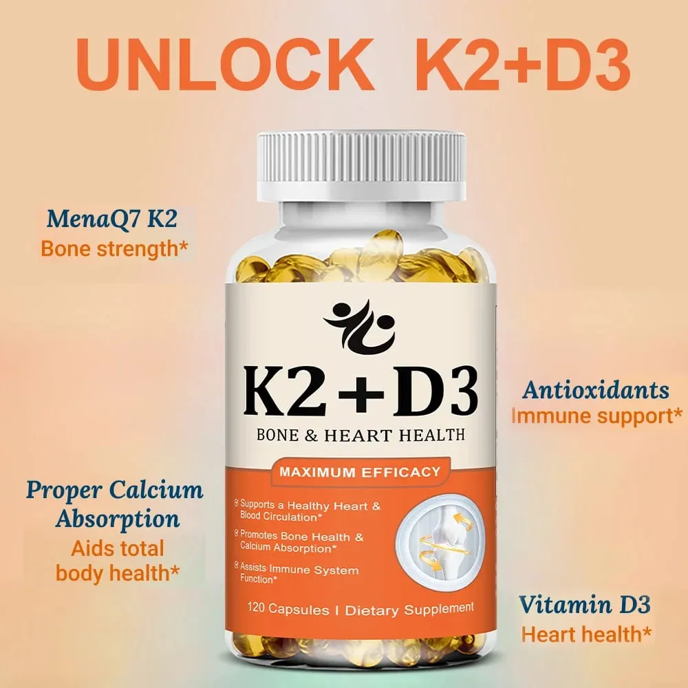 Vitamin D3 5000 IU + K2 MK-7 100mcg Capsules Support Nutrient Absorption Metabolism Bone Heart Health & Immune System