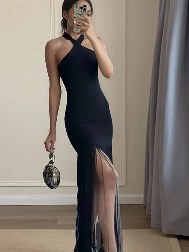 Women Tassel Patchwork Halter Maxi Dress Chic Solid Sleeveless Off-shoulder Slim Slit Dresses Fashion Lady Vacation Party Gowns