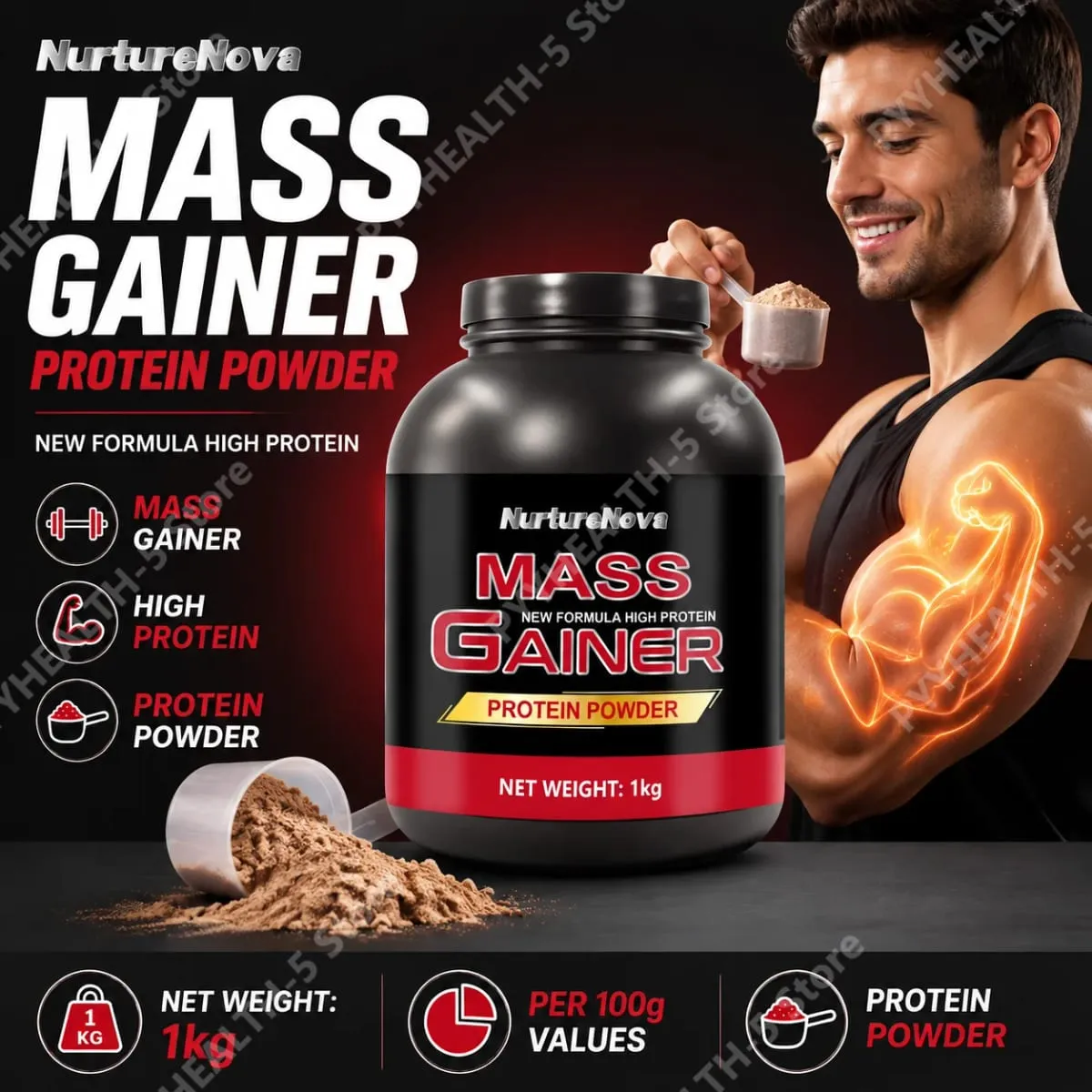 Mass Gainer Protein Powder NurtureNova New Formula High Protein for Muscle Building Support Sports Nutrition Supplement 1kg